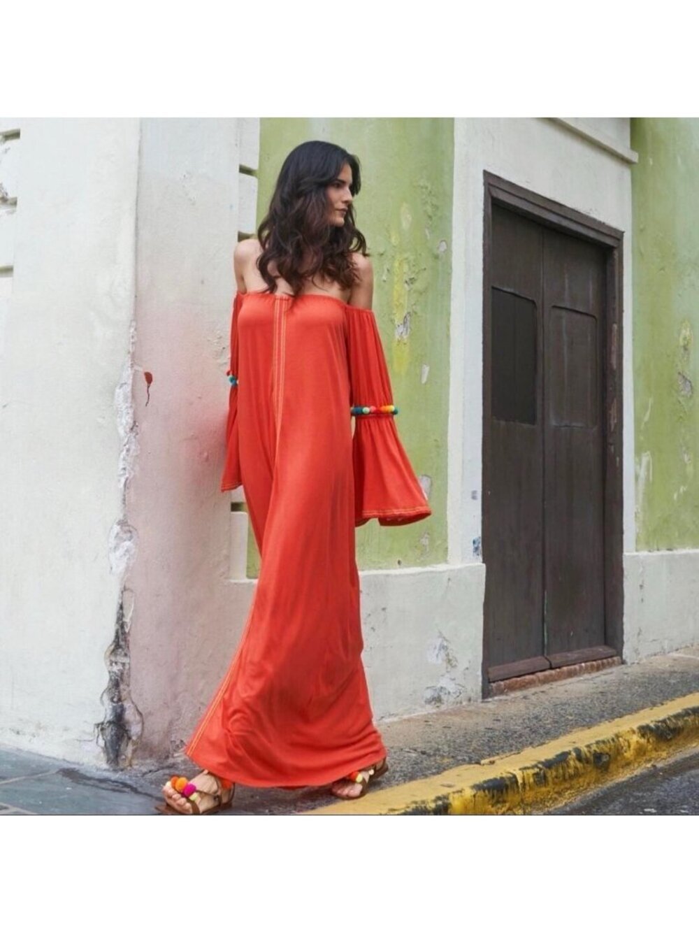 PITUSA Off The Shoulder Gypsy Maxi Dress In Orange One Size Pom Poms Boho Knit - Picture 4 of 16